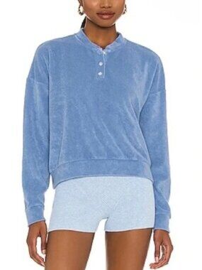 DONNI. Terry Henley Sweatshirt Denim Blue Size Small